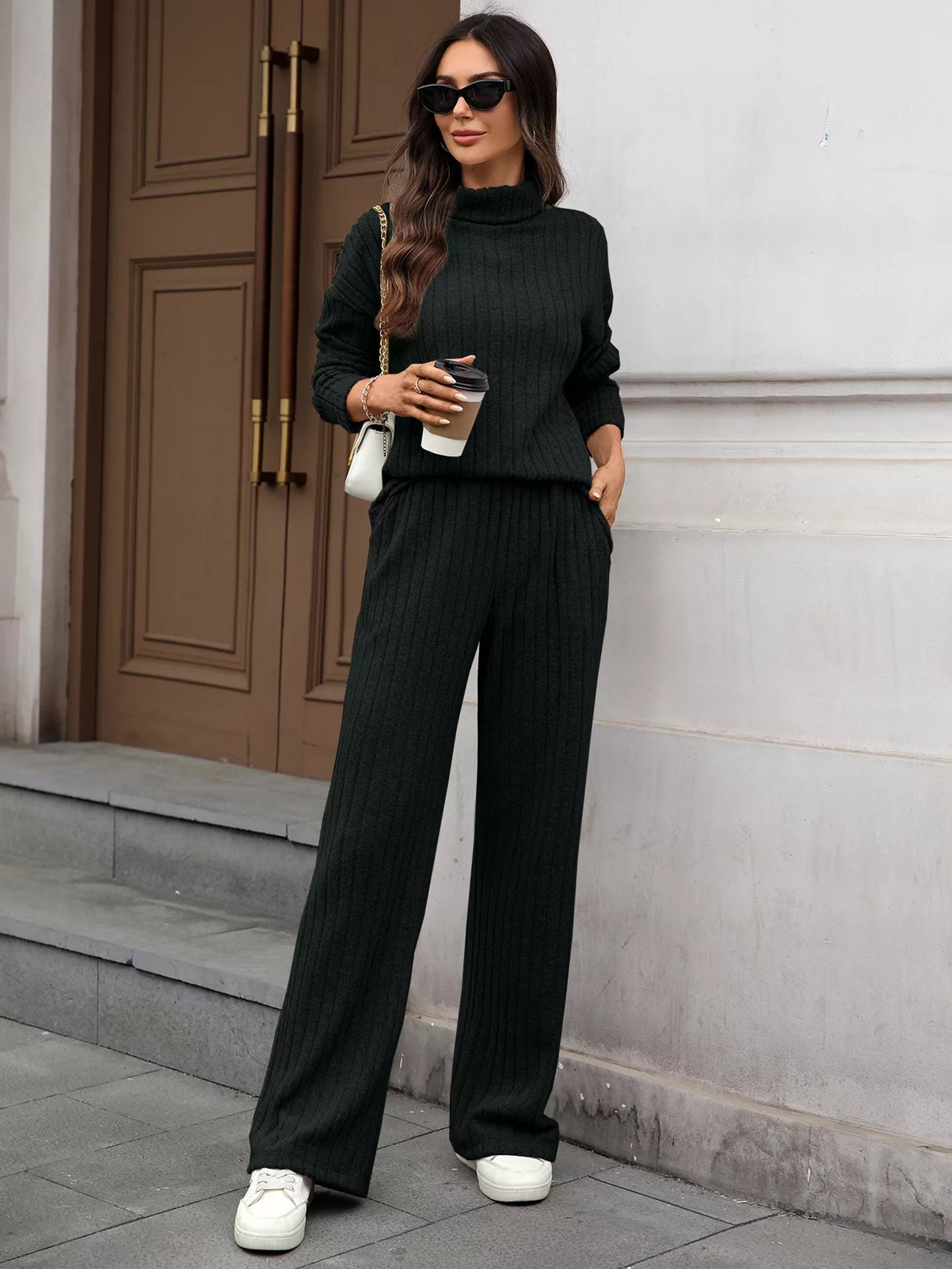 Ribbed Turtleneck Dropped Shoulder Top and Pants Sweater Set
