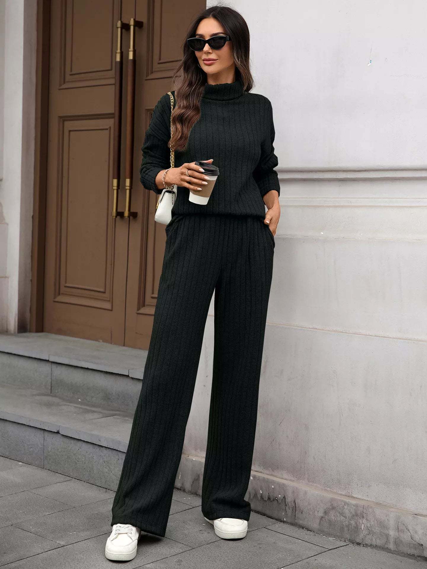 Ribbed Turtleneck Dropped Shoulder Top and Pants Sweater Set