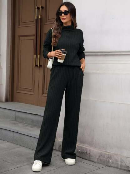 Ribbed Turtleneck Dropped Shoulder Top and Pants Sweater Set