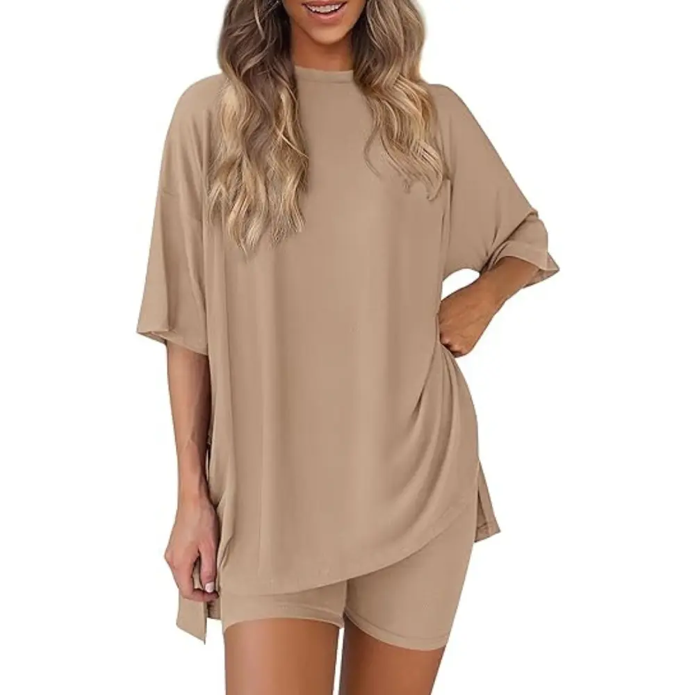 PRETTYGARDEN Women 2 Piece Lounge Set Summer Casual Oversized Shirts Biker Shorts Matching Airport Travel Outfit Clothes