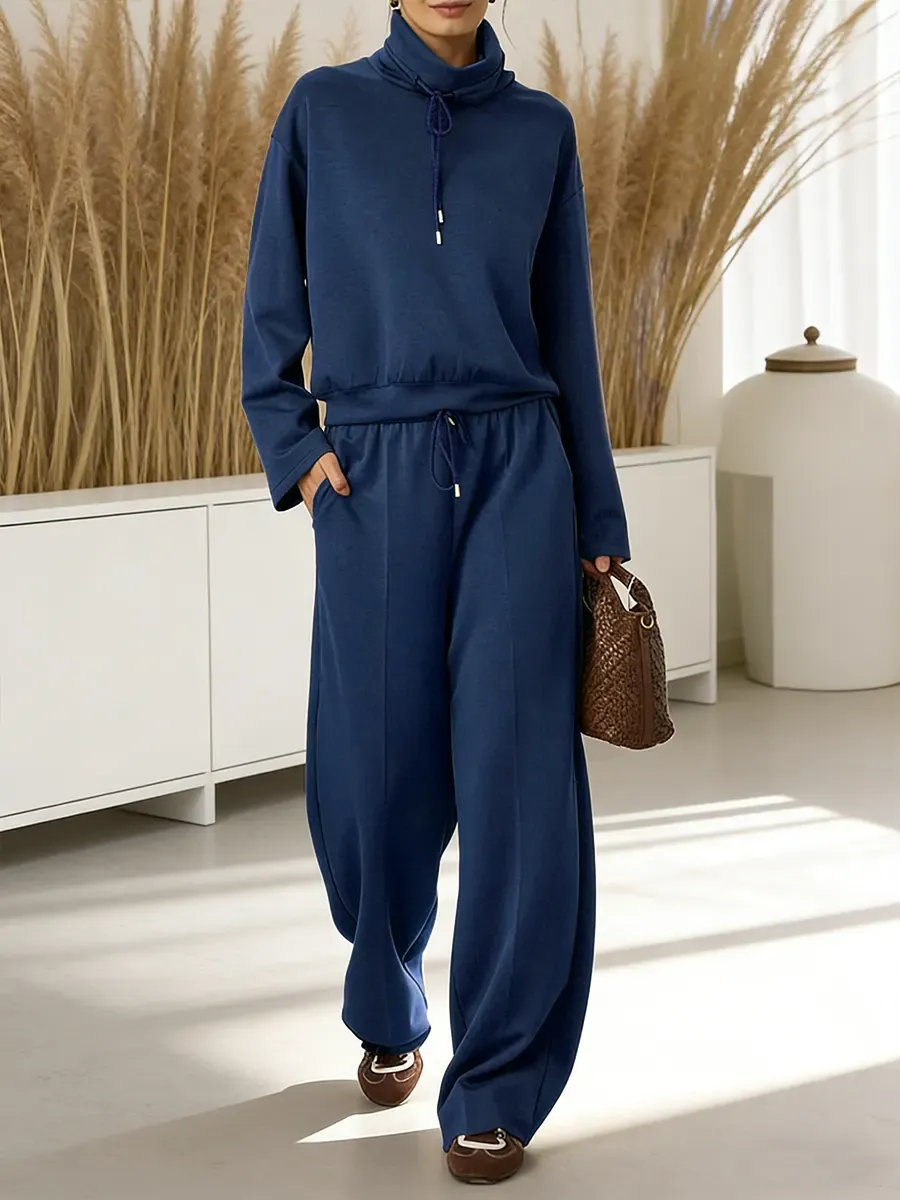 2026 Women's Solid Color High-neck Drawstring Long-sleeve Casual Loose-fitting Sweatshirt 2-piece Set