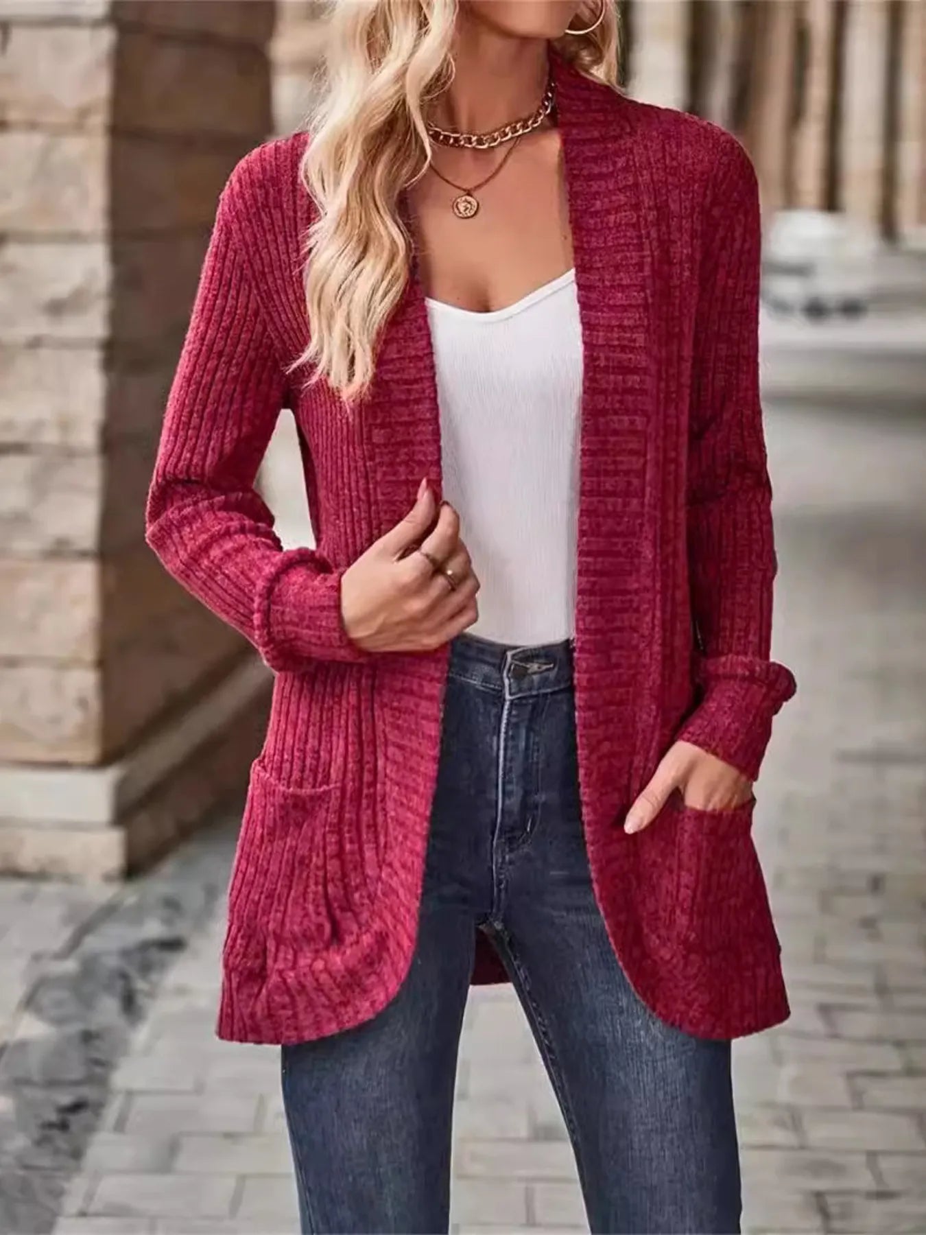 CLEARANCE🔥Ribbed Open Front Long Cardigan with Pockets