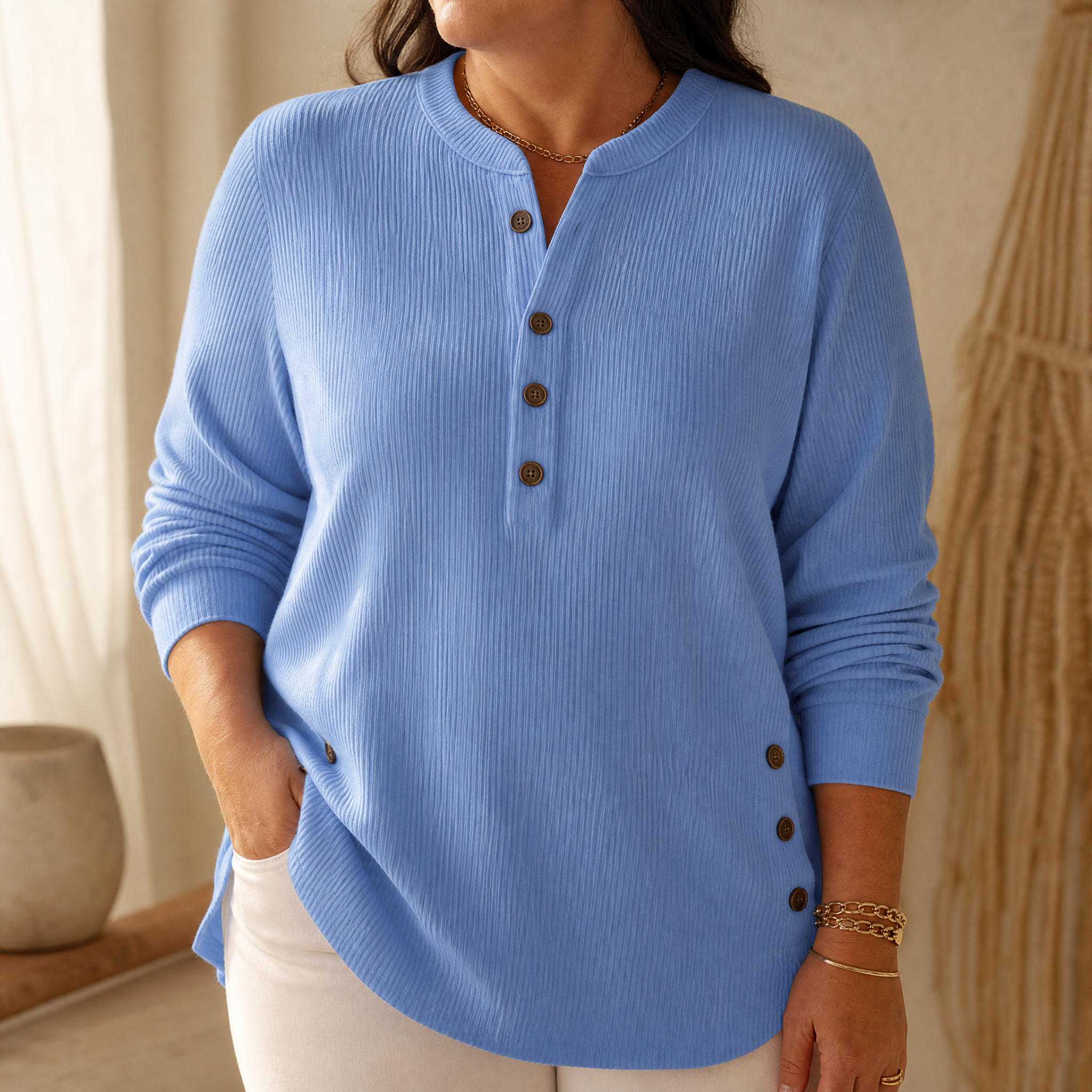 Ribbed Button-Up Henley Tunic