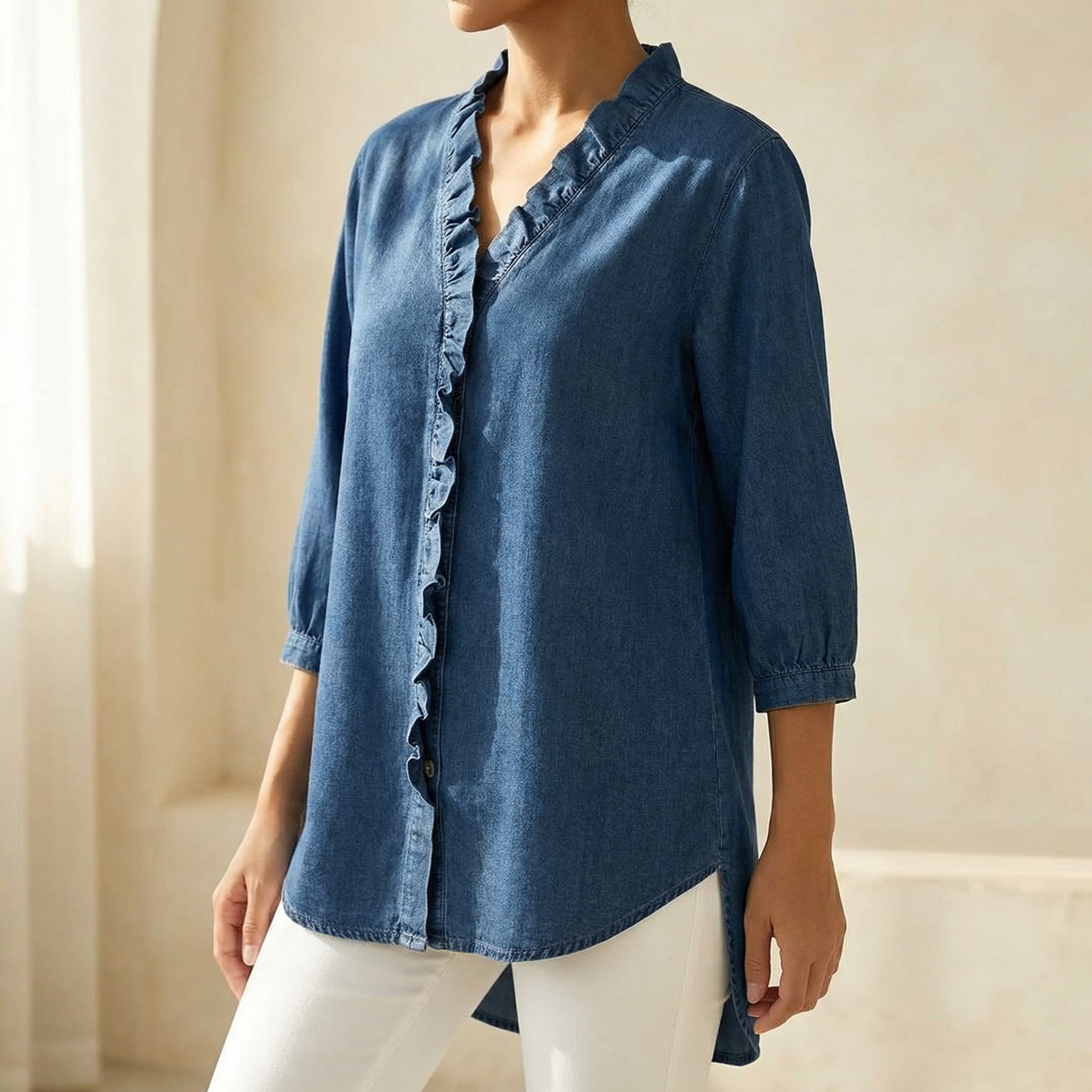 Soft Ruffle V Neck Denim Blouse