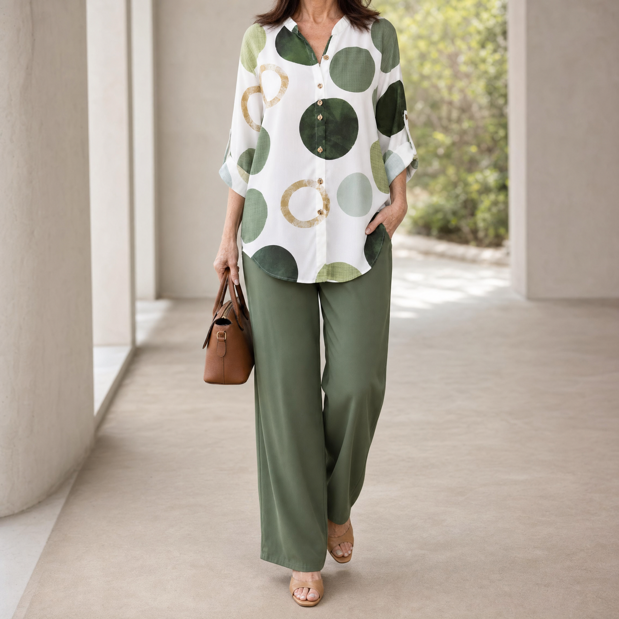 Monica – Women's Abstract Print 2-Piece Set, Blouse and Wide-Leg Trousers