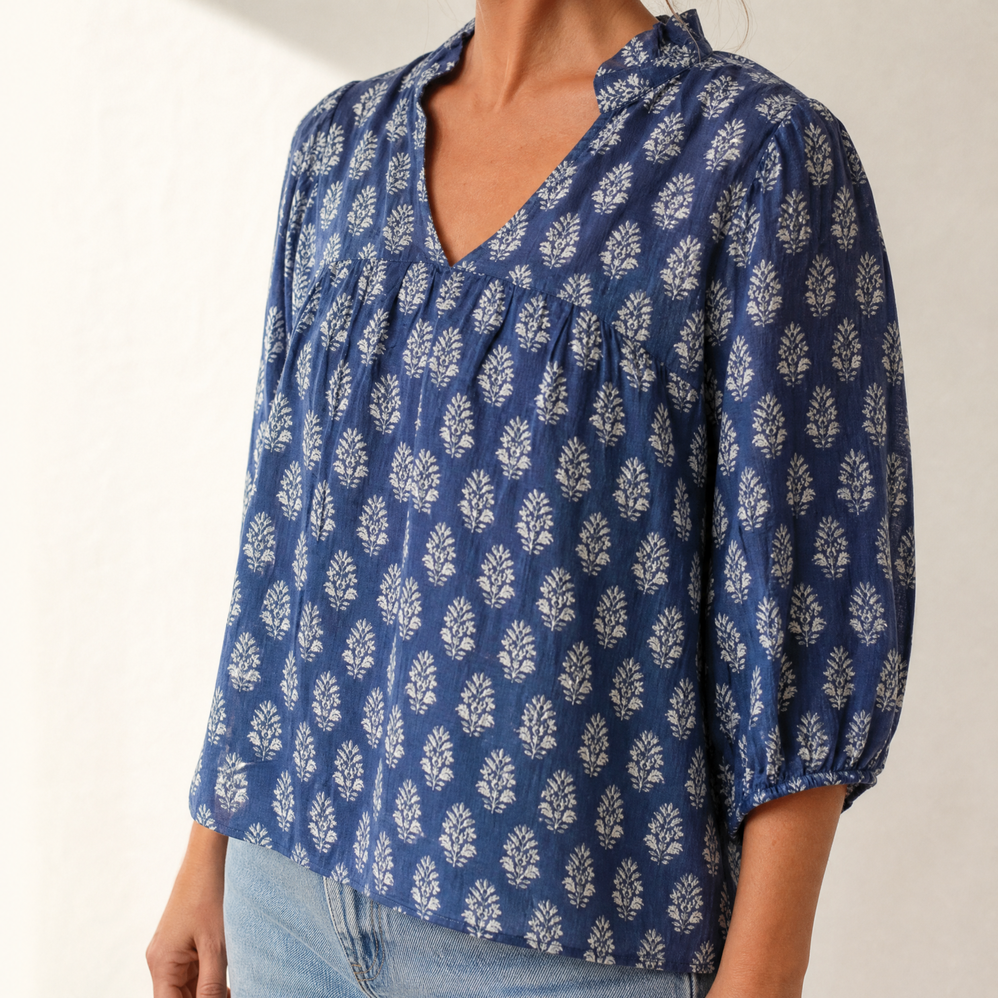 Block-Print V-Neck Summer Blouse