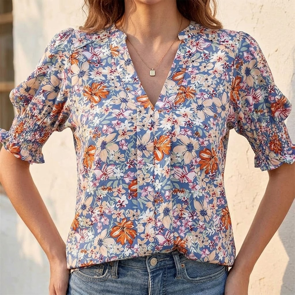 Women's Floral Puff Sleeve V-Neck Blouse