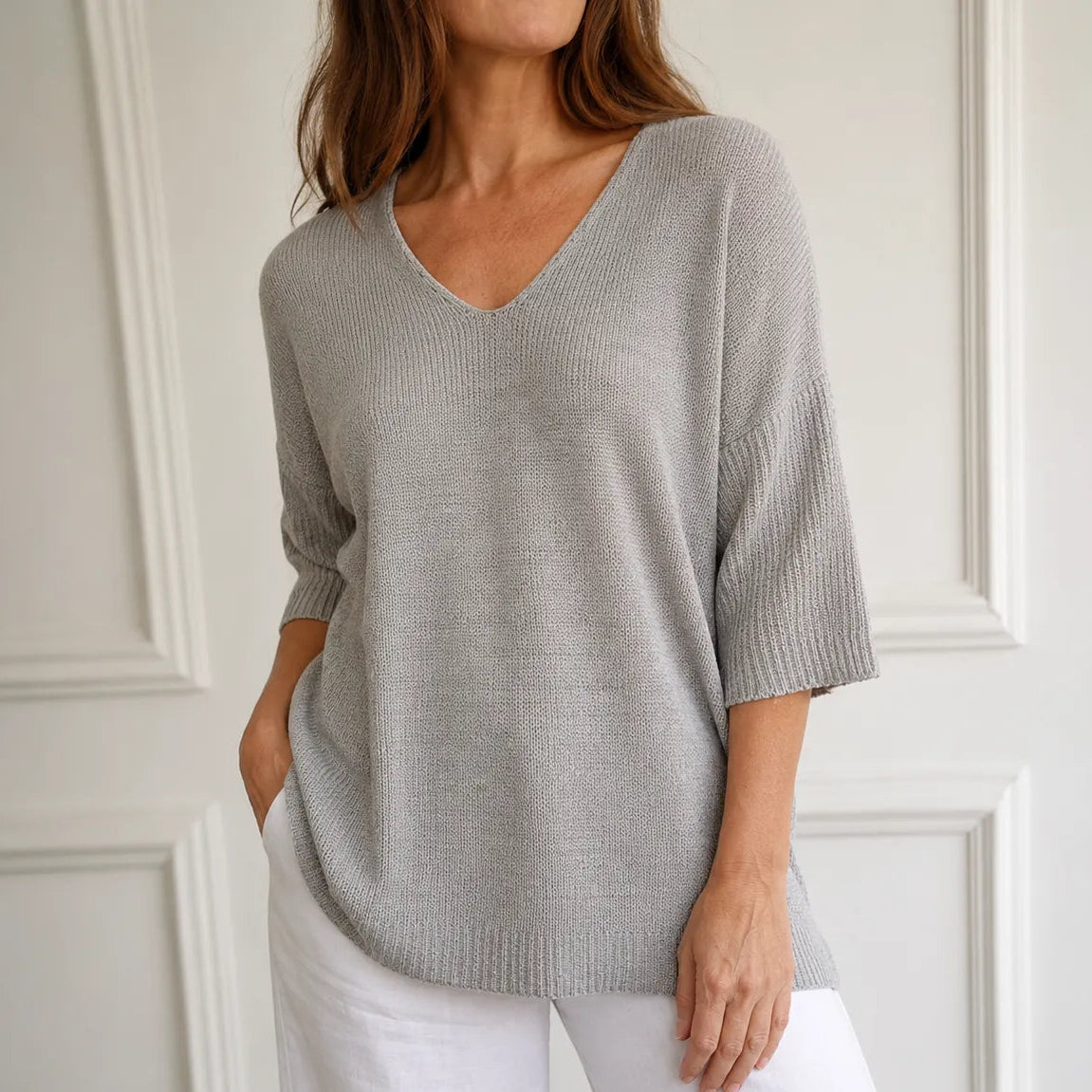 Soft V-Neck Knit Tunic Top for Women, Loose Drape