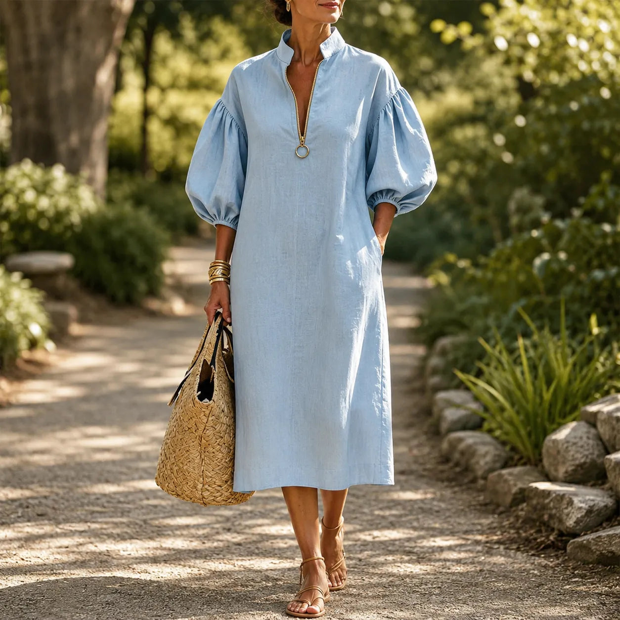 Half-Zip Puff Sleeve Loose Midi Dress with Pockets
