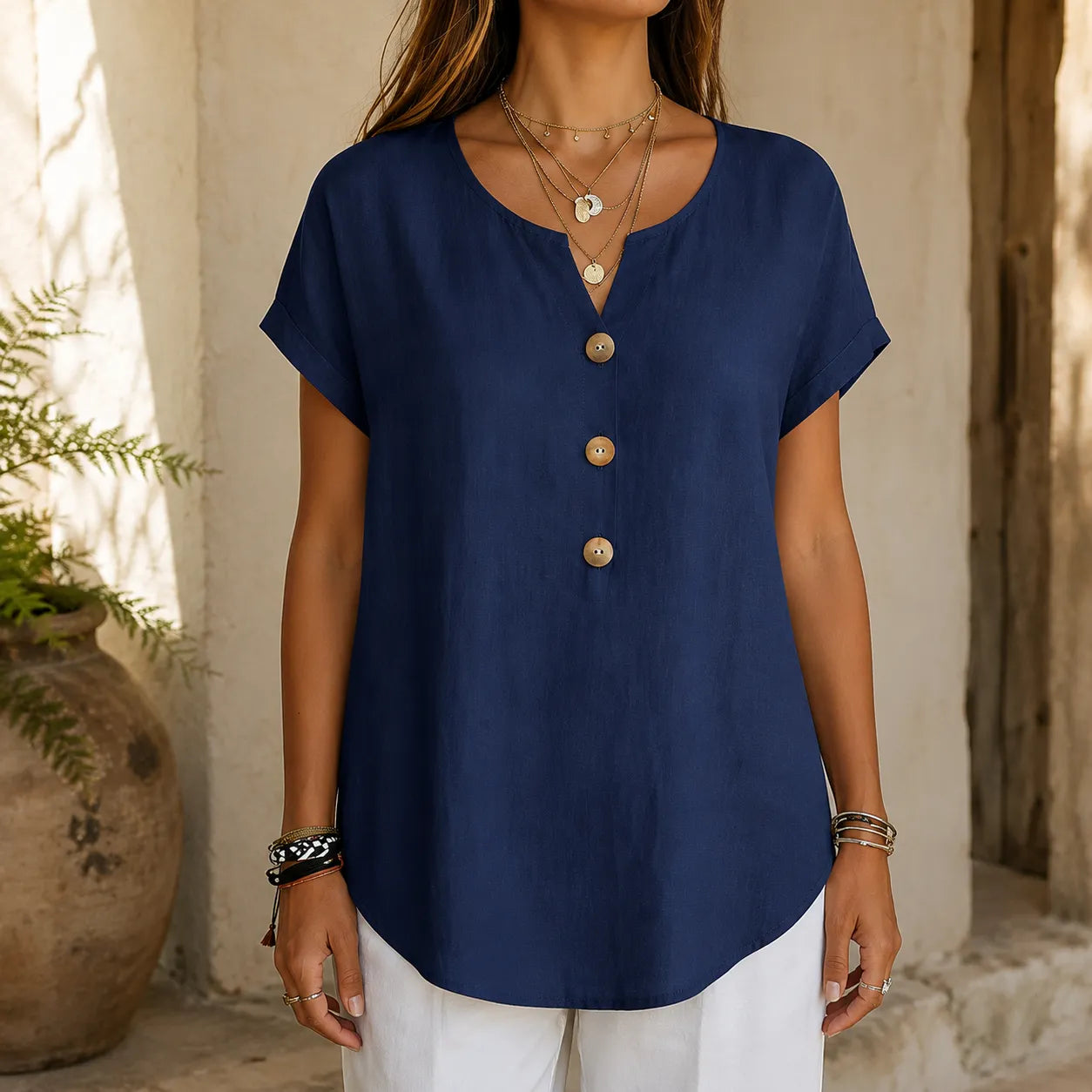 Linen-Look V-Neck Button Top for Women, Relaxed Casual Short-Sleeve Blouse