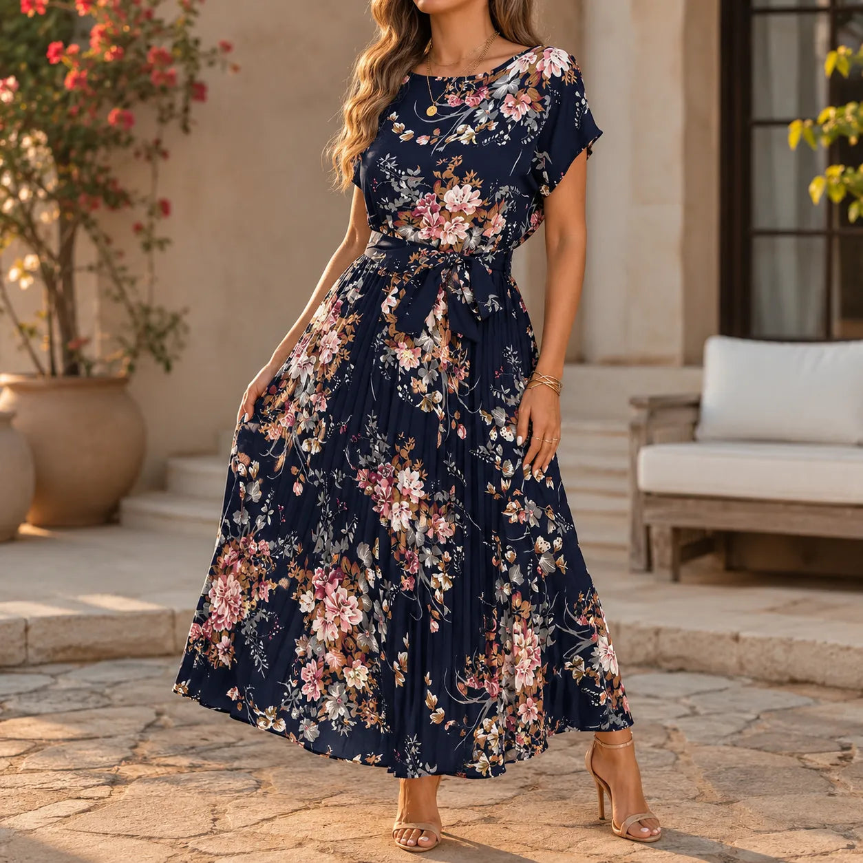Floral Pleated Midi Dress with Tie Waist and Flutter Sleeves