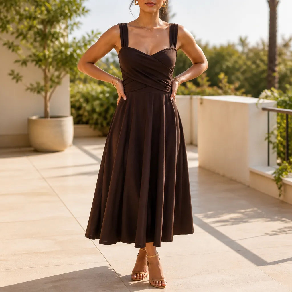 Ruched Sweetheart Midi Dress with Pockets