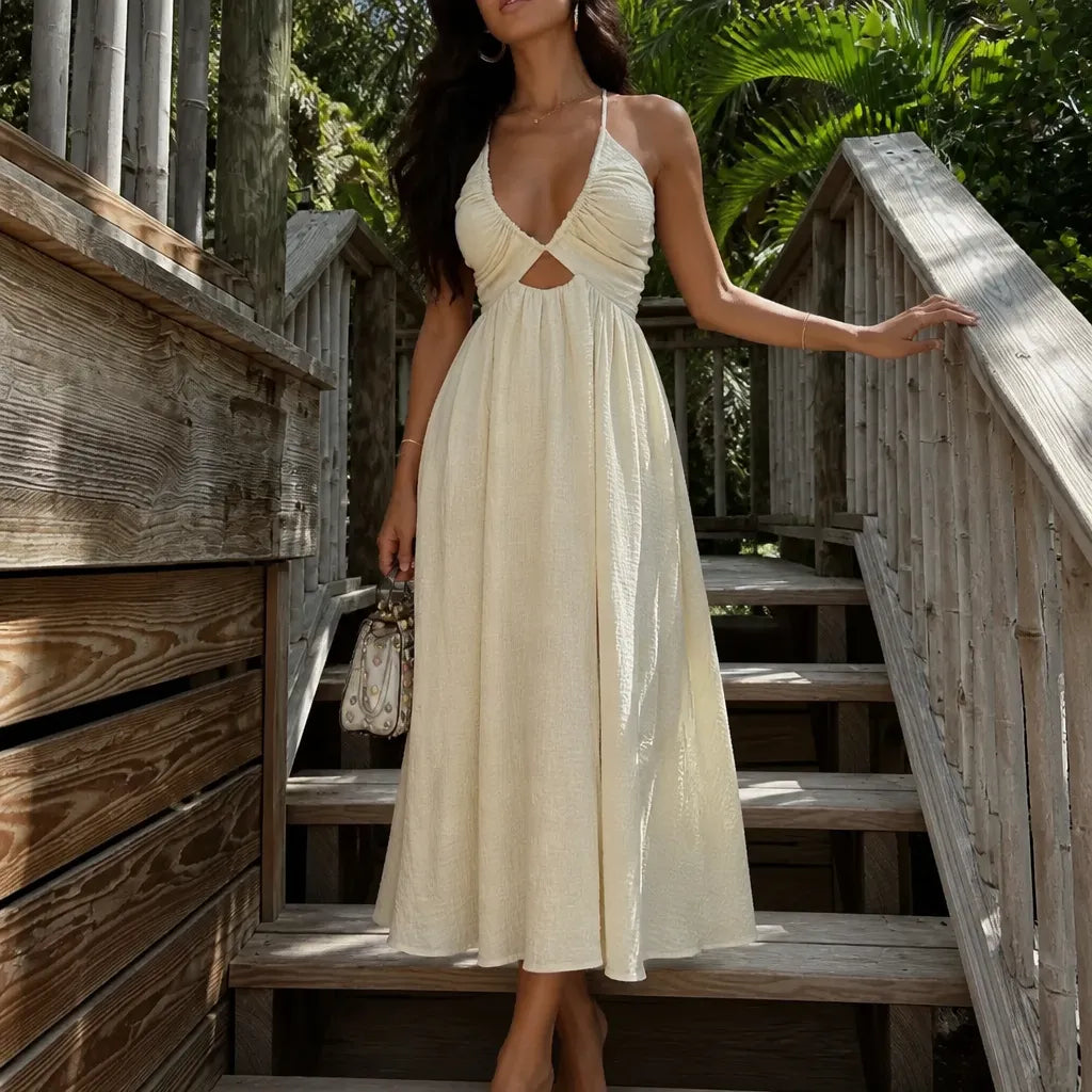 V-Neck Halter Maxi Dress with Cutout and Slit