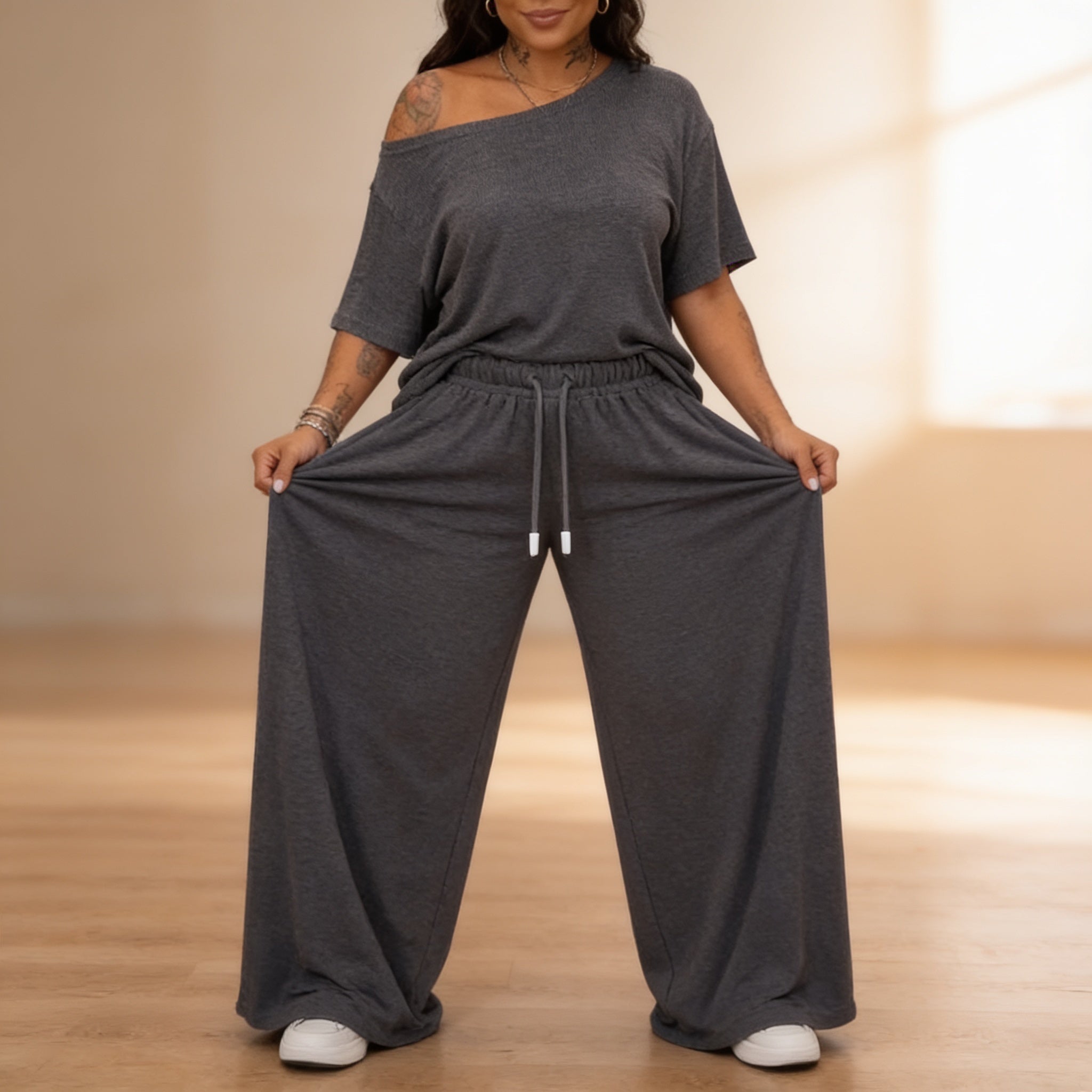 Draperline-Off-Shoulder Asymmetrical Top And Wide-Leg Pants Set