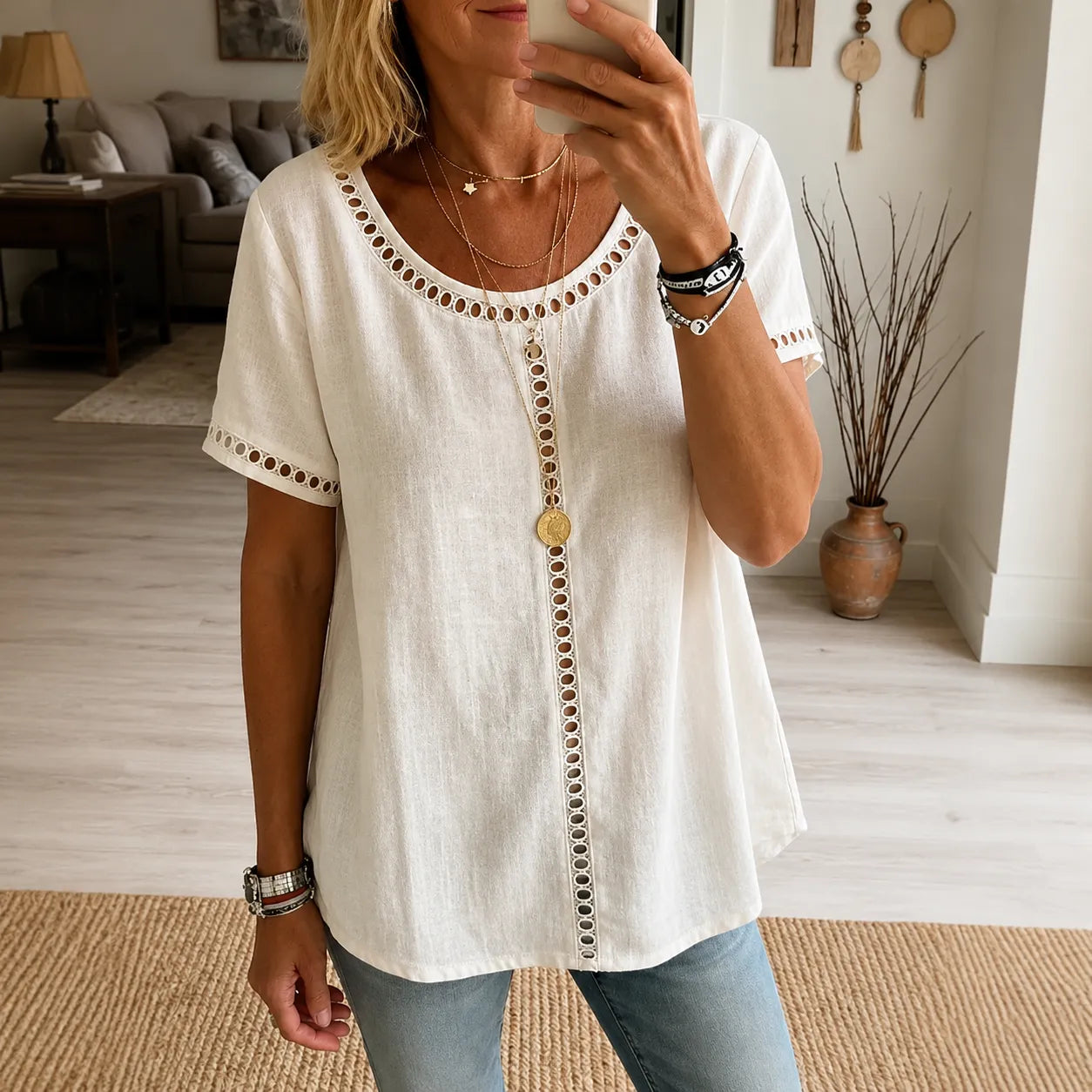 Boho Openwork Trim Tunic Top for Women, Relaxed Fit Short Sleeve Summer Blouse
