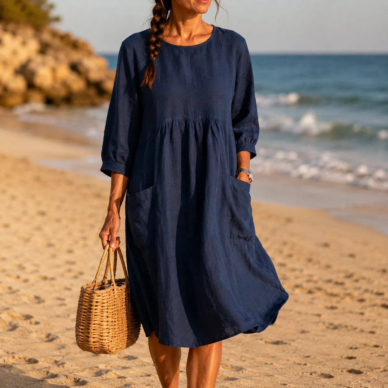 Linen-Look Midi Dress with Three-Quarter Sleeves & Pockets