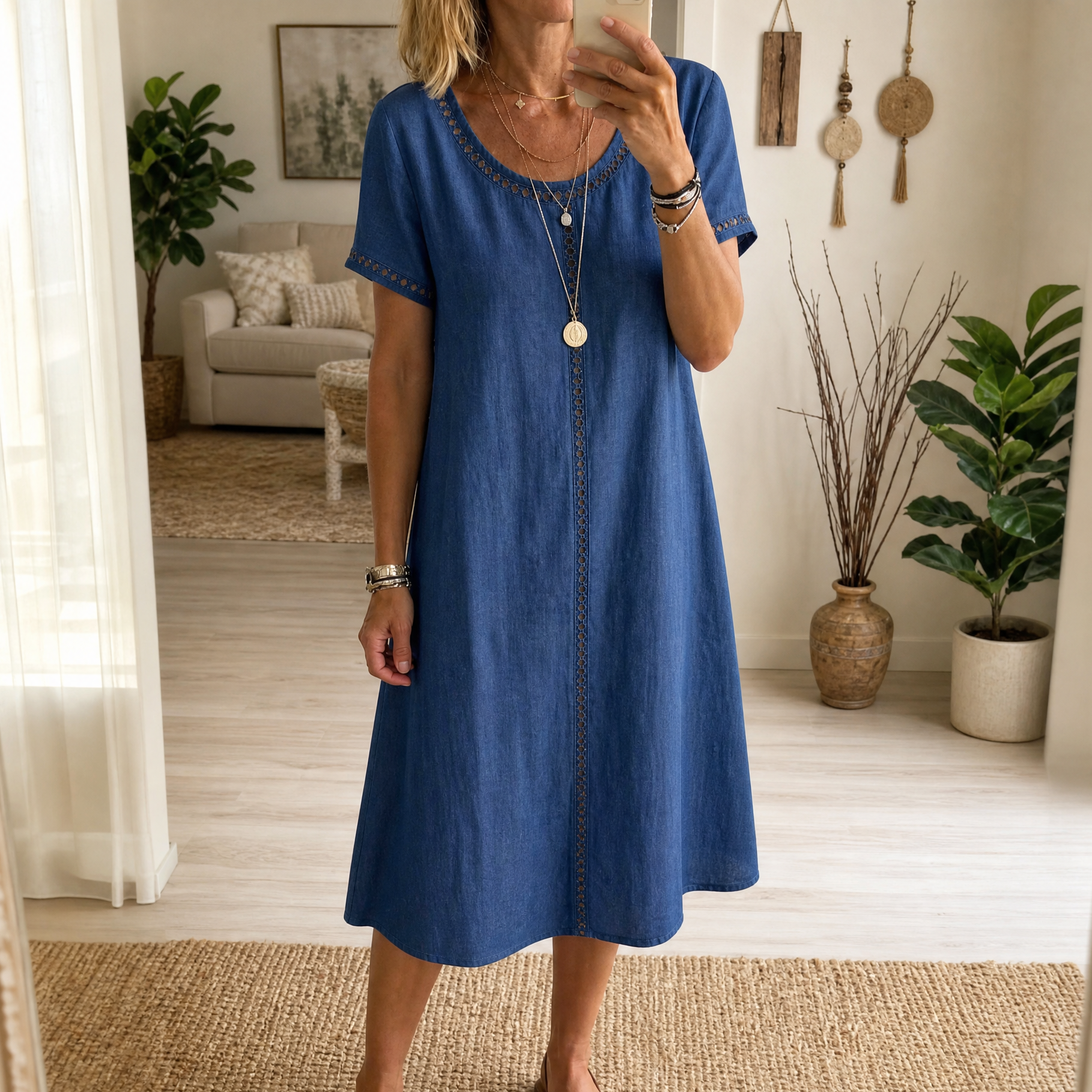 Women's Eyelet Trim Linen Midi Dress