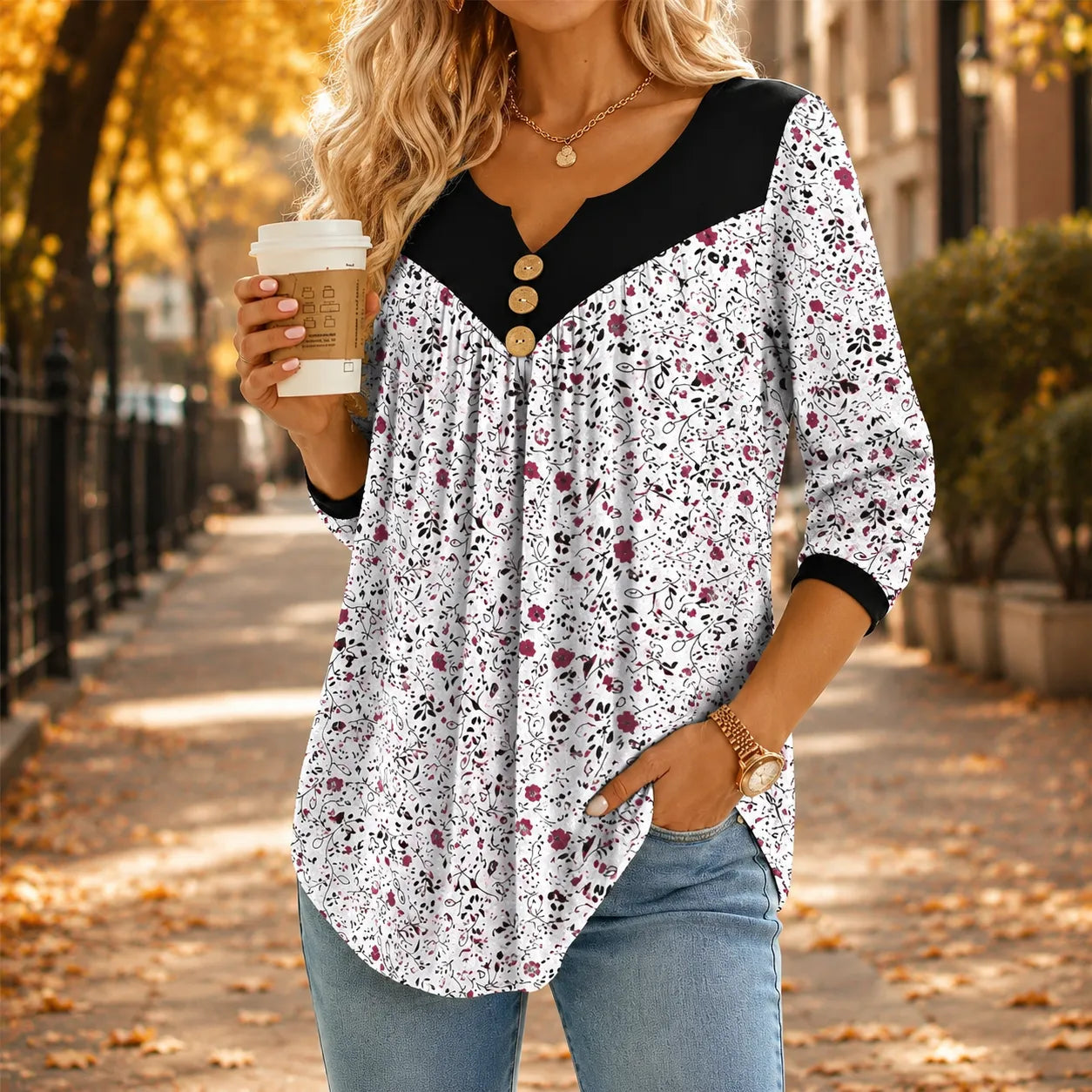 Floral V-Neck Tunic Top with Button Yoke