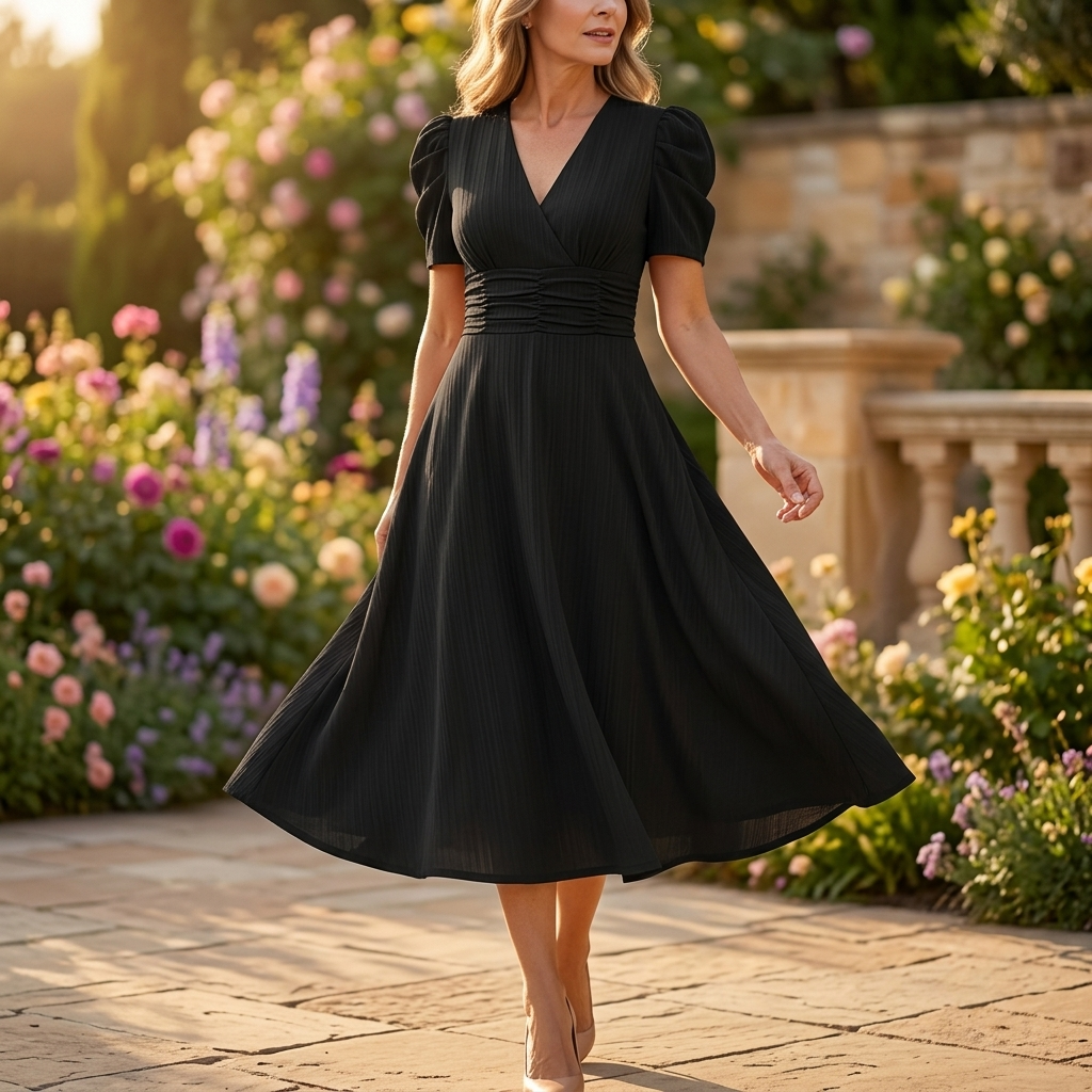 Women's elegant puff sleeve midi dress