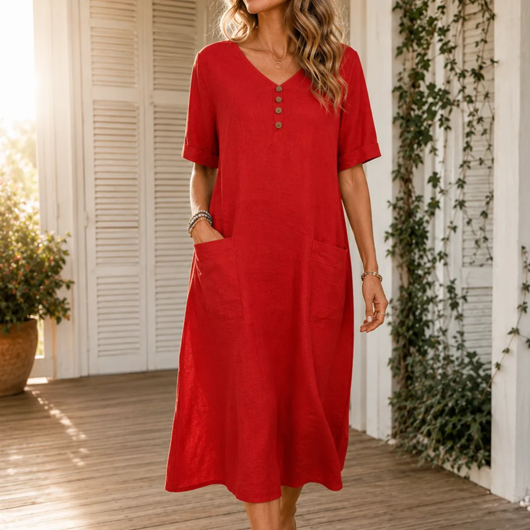Relaxed V-Neck Midi Dress with Pockets for Women