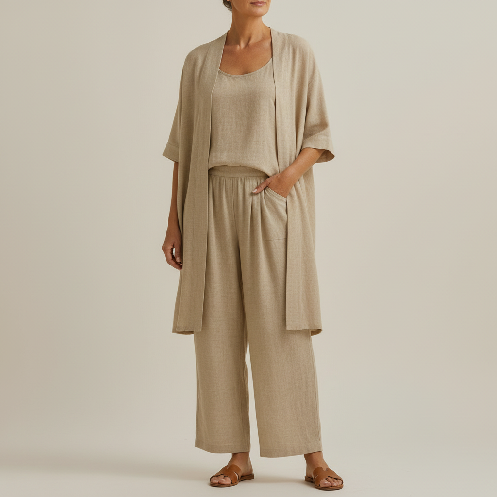 Minimalist Set in Linen and Cotton, Composed of Three Pieces