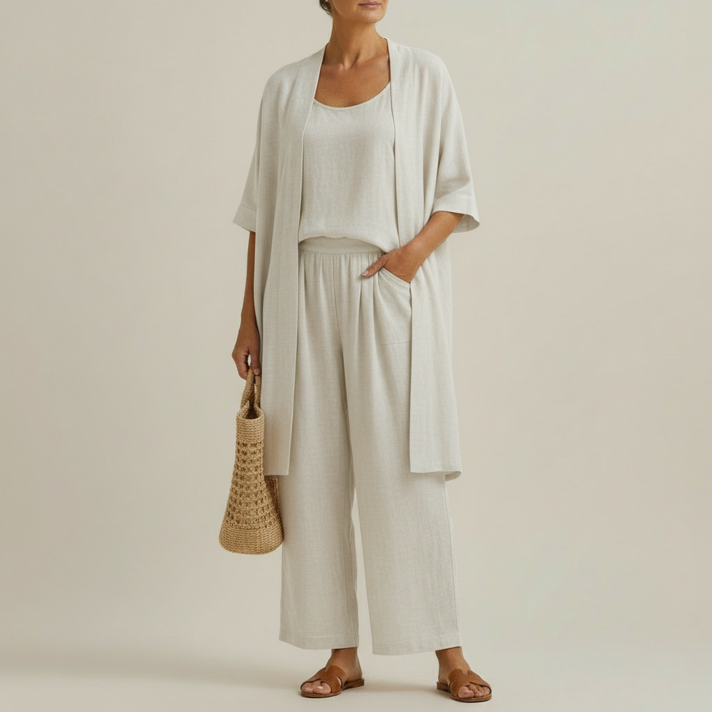 Minimalist Set in Linen and Cotton, Composed of Three Pieces