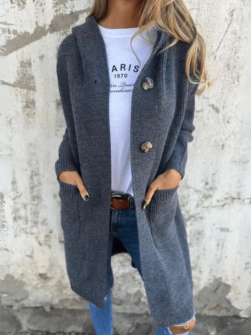 🔥Women's Autumn and Winter Hooded Knitted Jacket with Pockets and Buttons