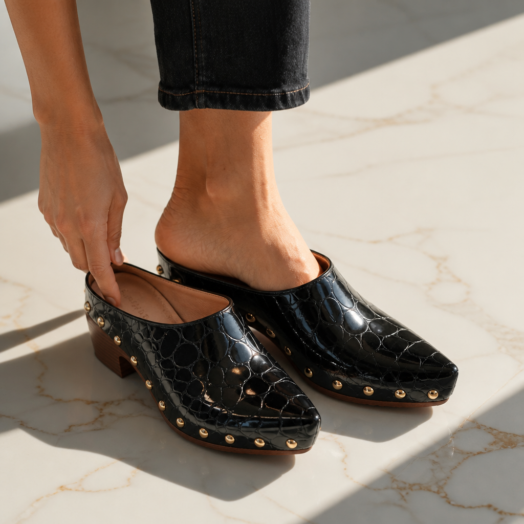 Gold Dome Trim Croc-Embossed Clog Mules