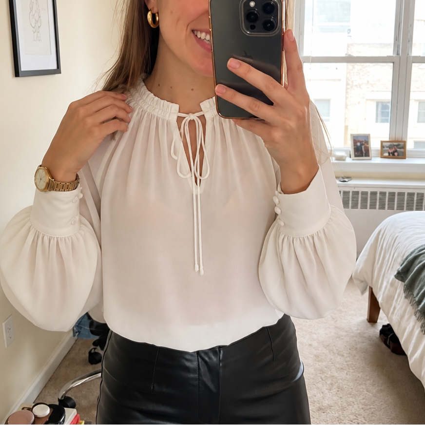 Chiffon Tie-Neck Lantern Sleeve Blouse