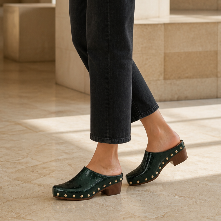Gold Dome Trim Croc-Embossed Clog Mules