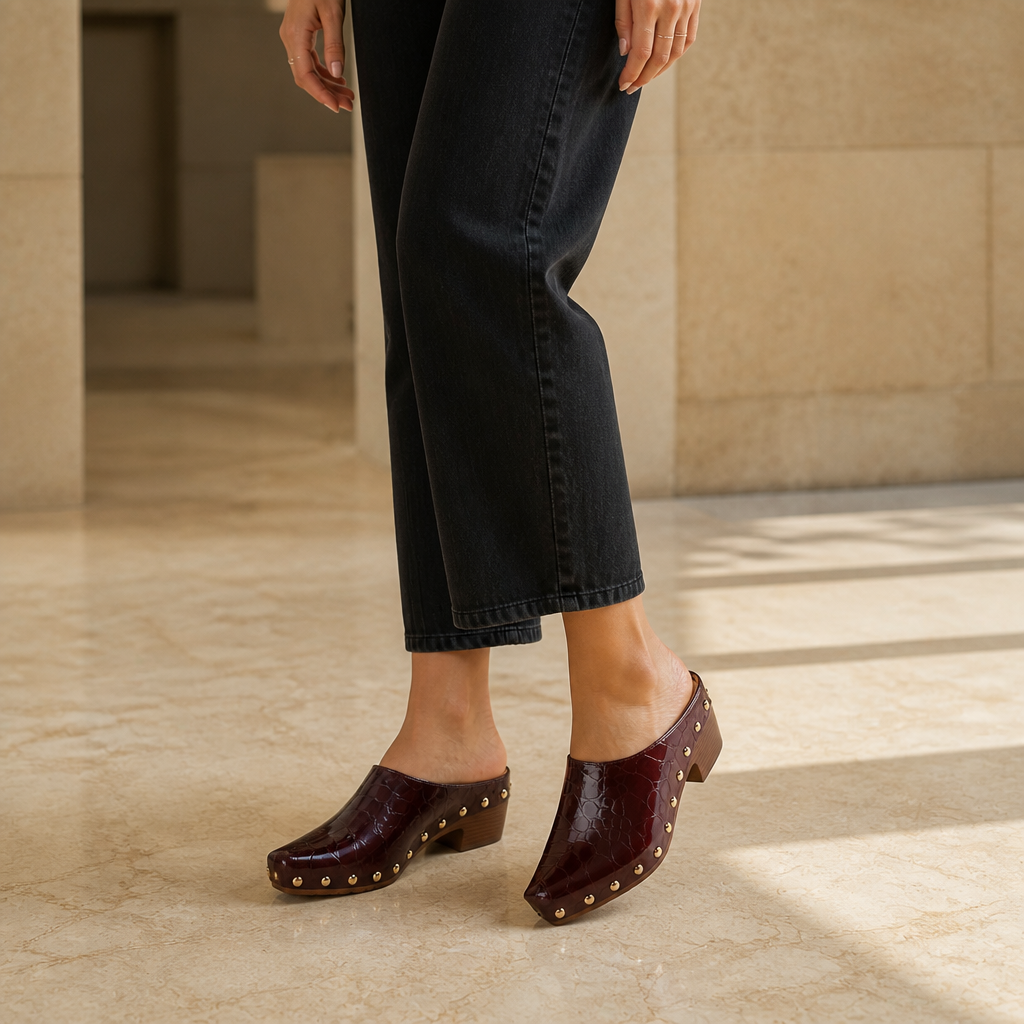 Gold Dome Trim Croc-Embossed Clog Mules