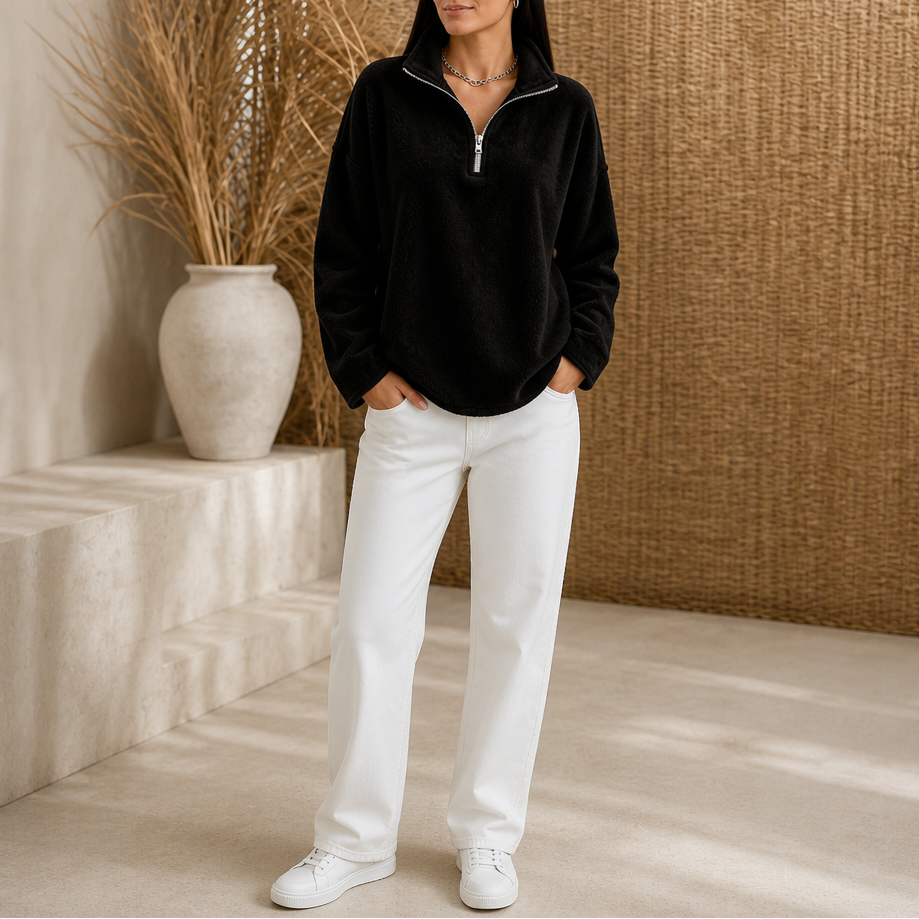 Warm Double-Brushed Fleece Drop-Shoulder Quarter-Zip Pullover