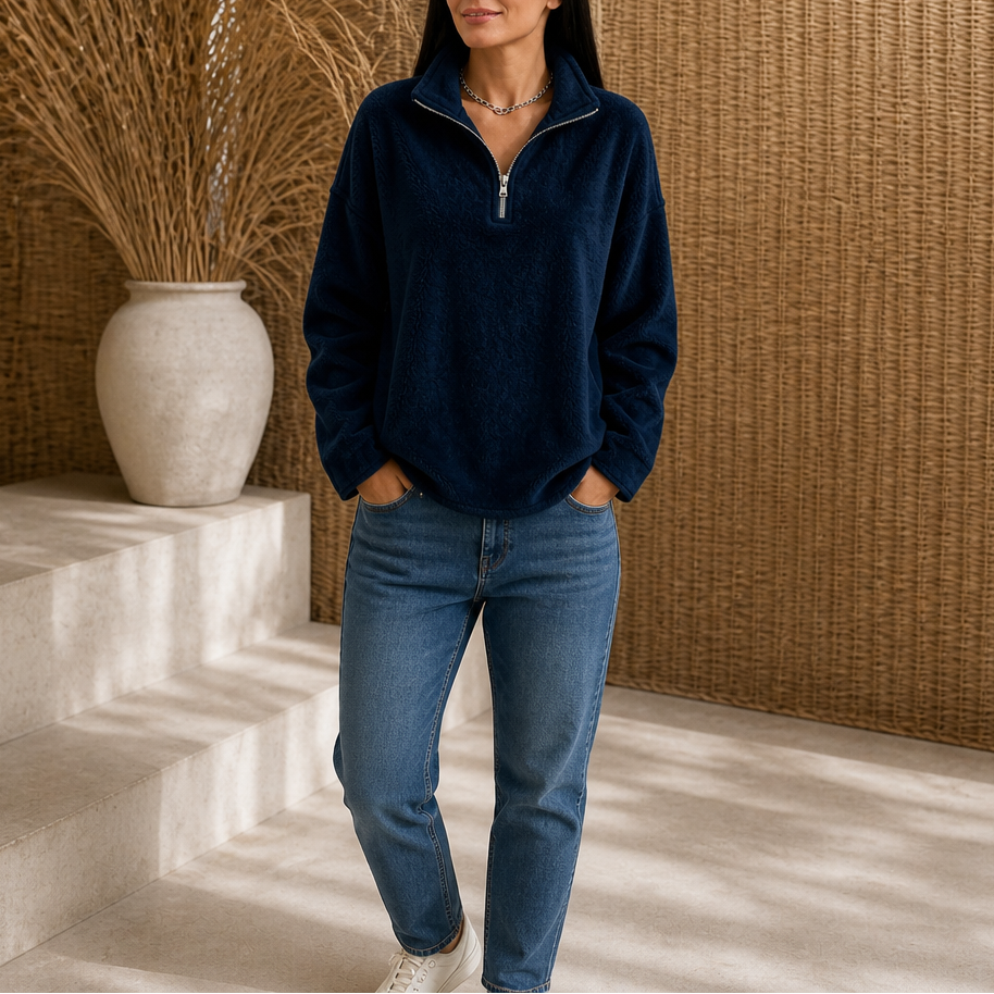 Warm Double-Brushed Fleece Drop-Shoulder Quarter-Zip Pullover