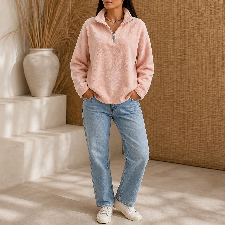 Warm Double-Brushed Fleece Drop-Shoulder Quarter-Zip Pullover