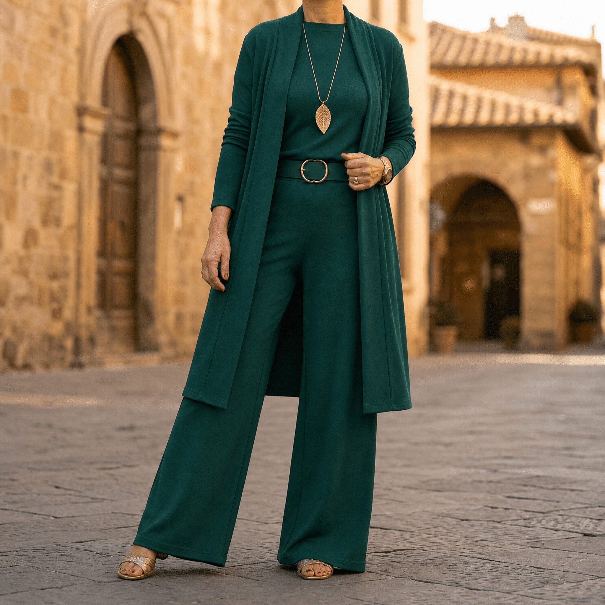 Three-piece matching set in deep emerald green, full length