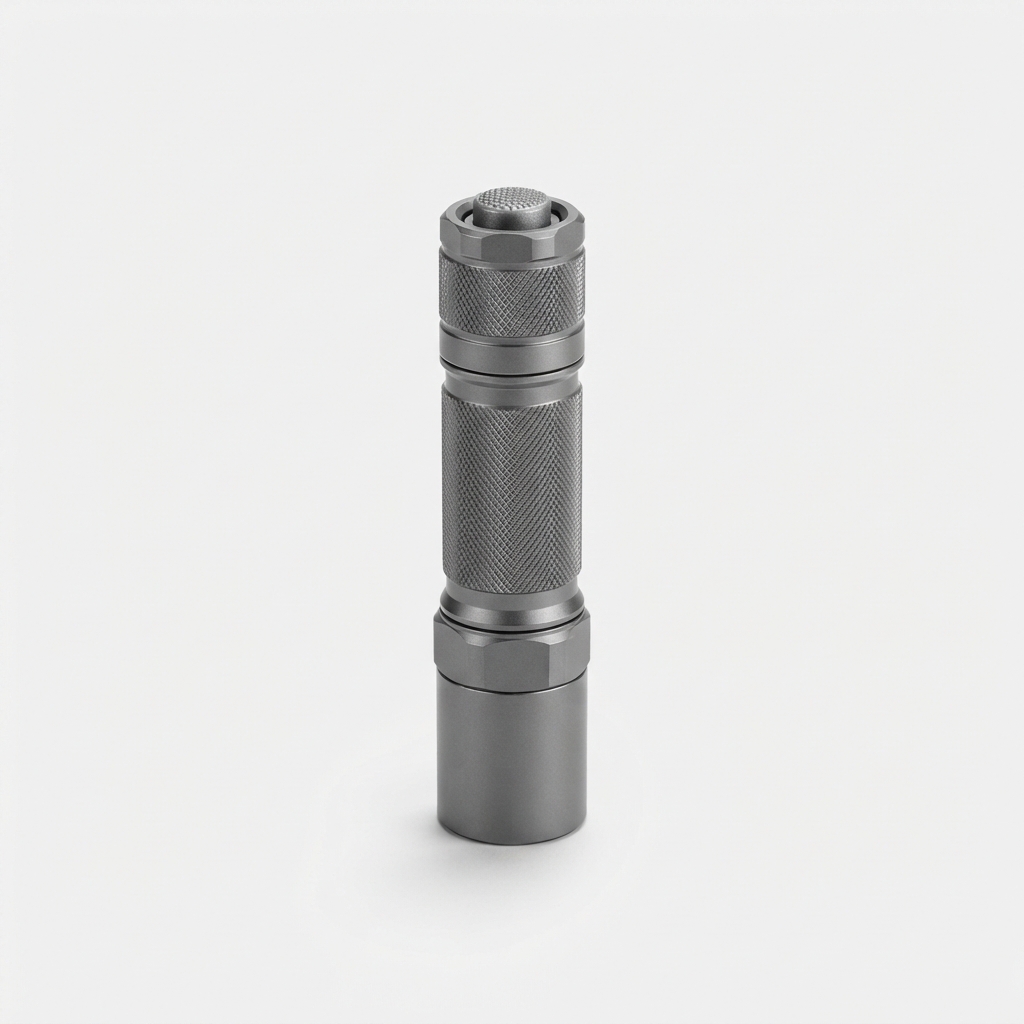 Gray compact pocket flashlight shown side-on