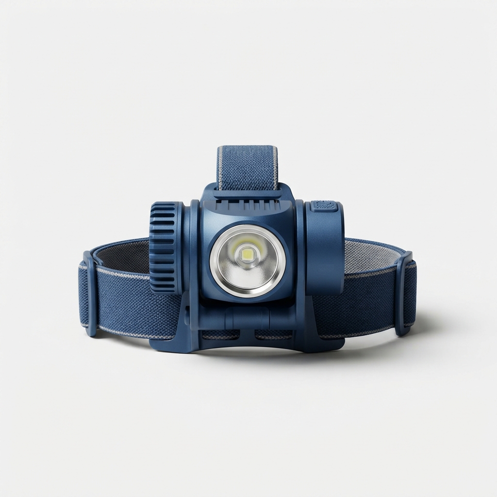Blue LED headlamp with elastic strap displayed fully