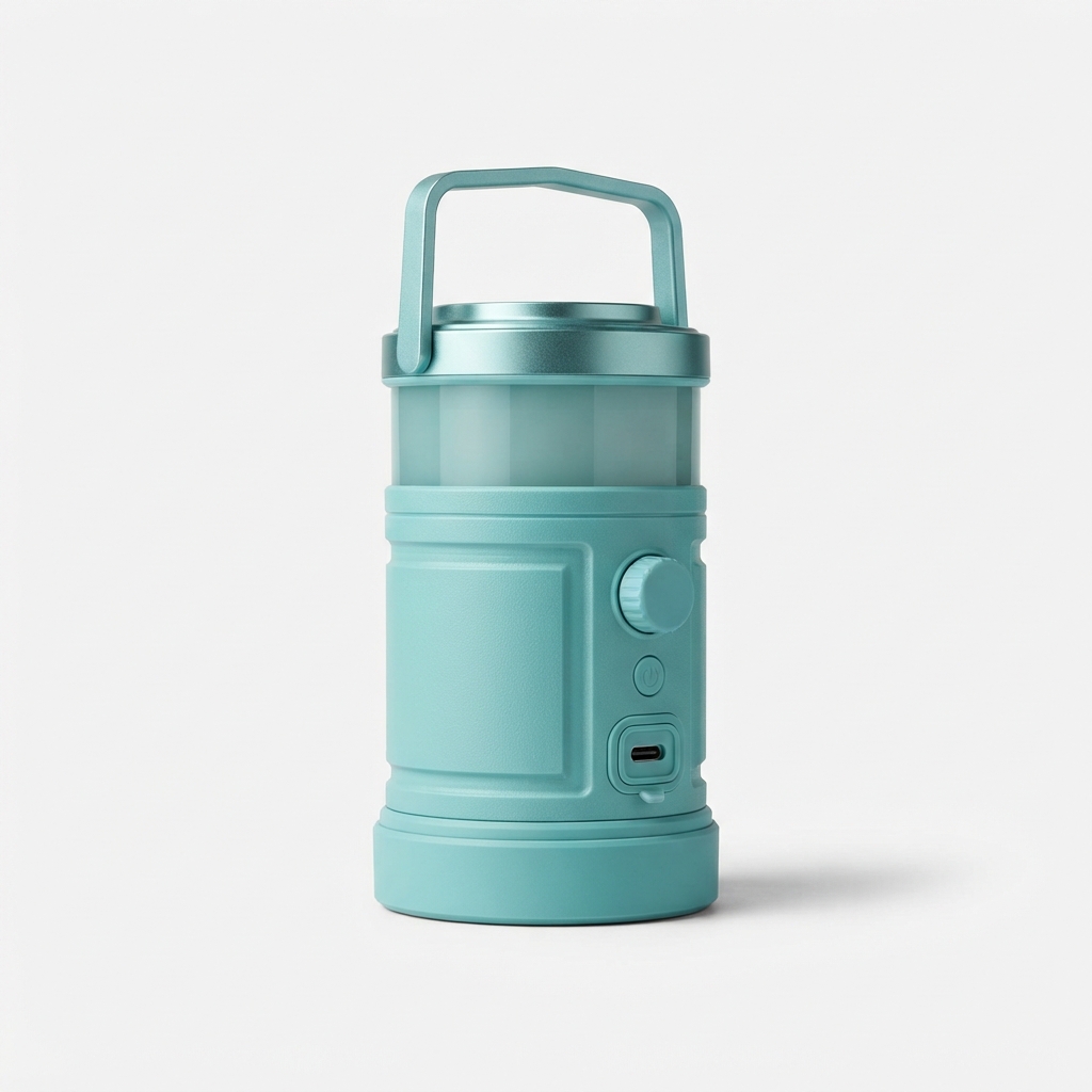 Aquamarine power bank camping lantern centered on neutral background