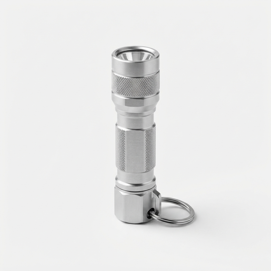 Silver mini keychain flashlight fully visible with ring
