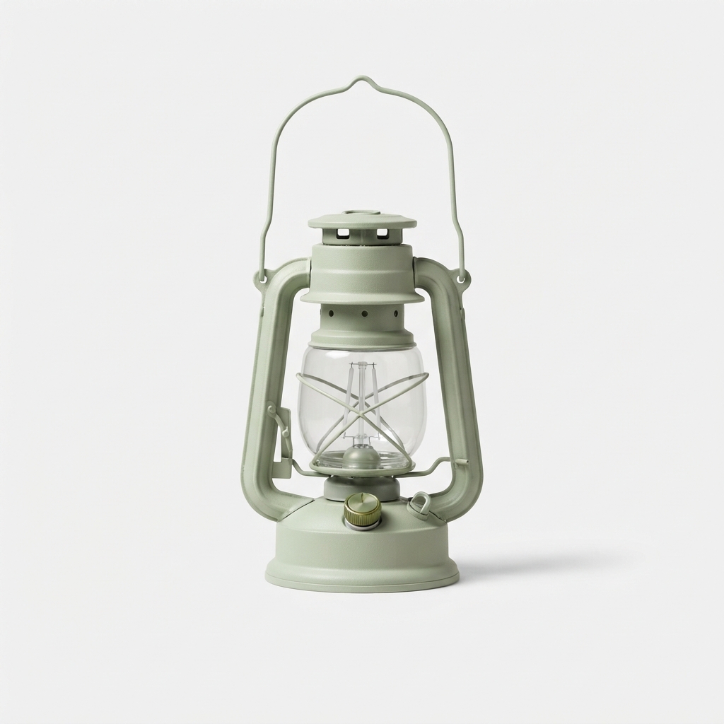 Lightgreen portable camping lantern standing upright on neutral background