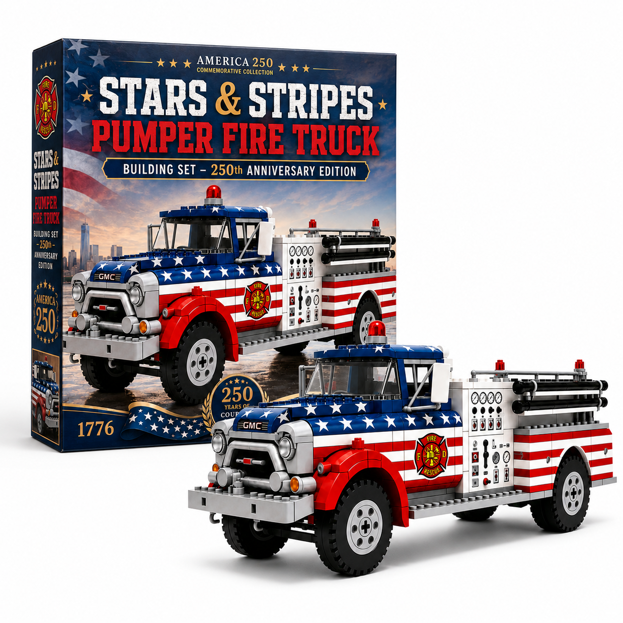 Stars & Stripes Pumper Fire Truck Building Set – 250th Anniversary Edition