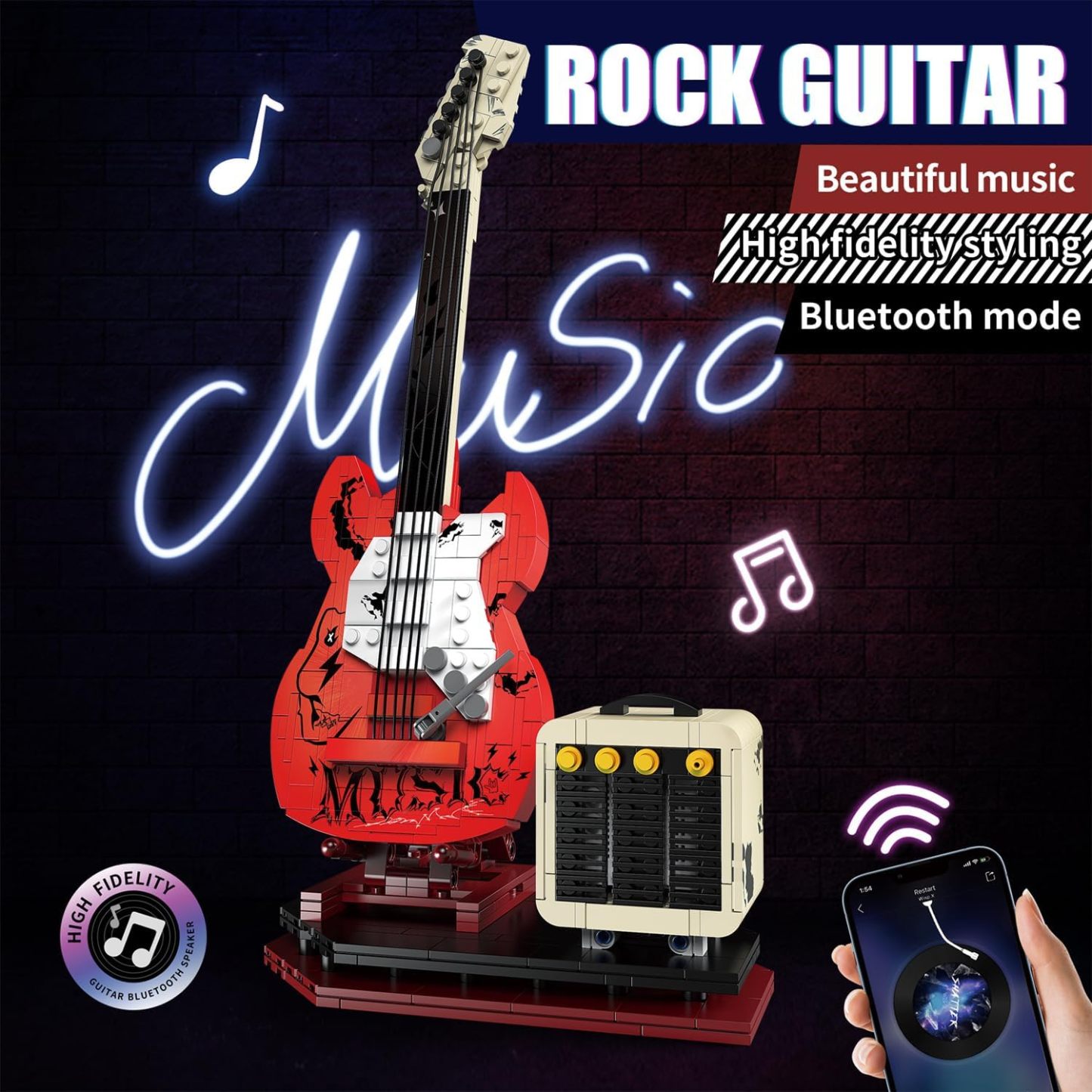 Guitar Music Interactive Building Set for Music Lovers,Reverb Amplifier & Authentic Accessories, Perfect Way to Rock Gift Giving.