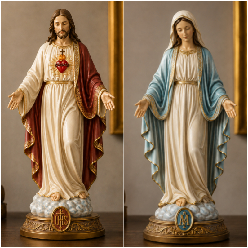 Sacred Heart & Blessed Mother Religious Statue Set – Elegant Christian Home Décor