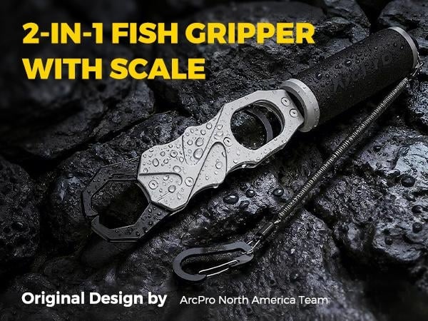ArcPro Fish Gripper with Scale, Aircraft-Grade Aluminum Alloy Fish Lip Gripper 2-in-1 , 40lb Heavy-Duty & Non-Slip 360&deg; EVA Swivel Handle, Corrosion-Resistant Fish Holder, Fresh/Saltwater