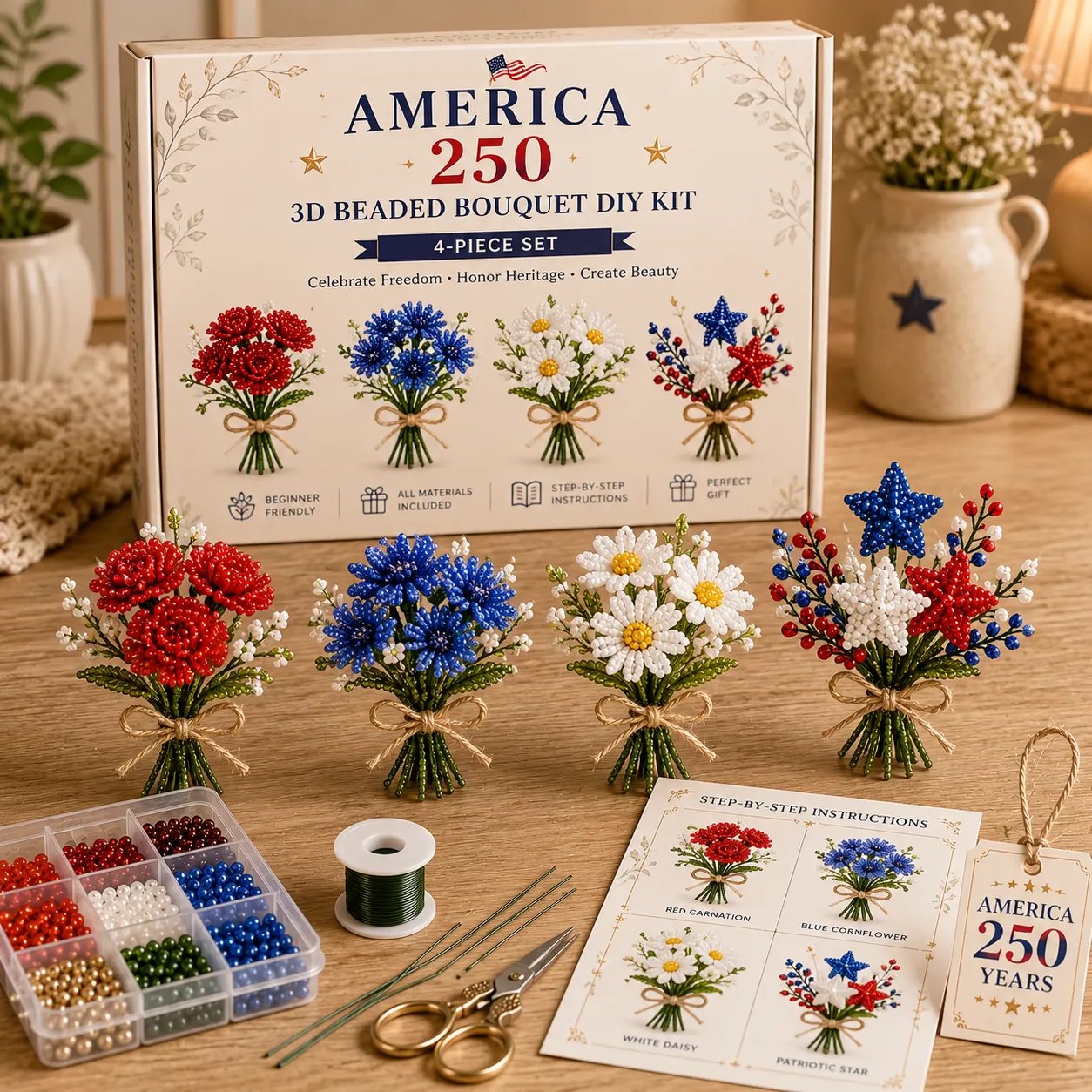 🔥America 250 Beaded Bouquet DIY Kit – Limited Edition Patriotic Craft Collection