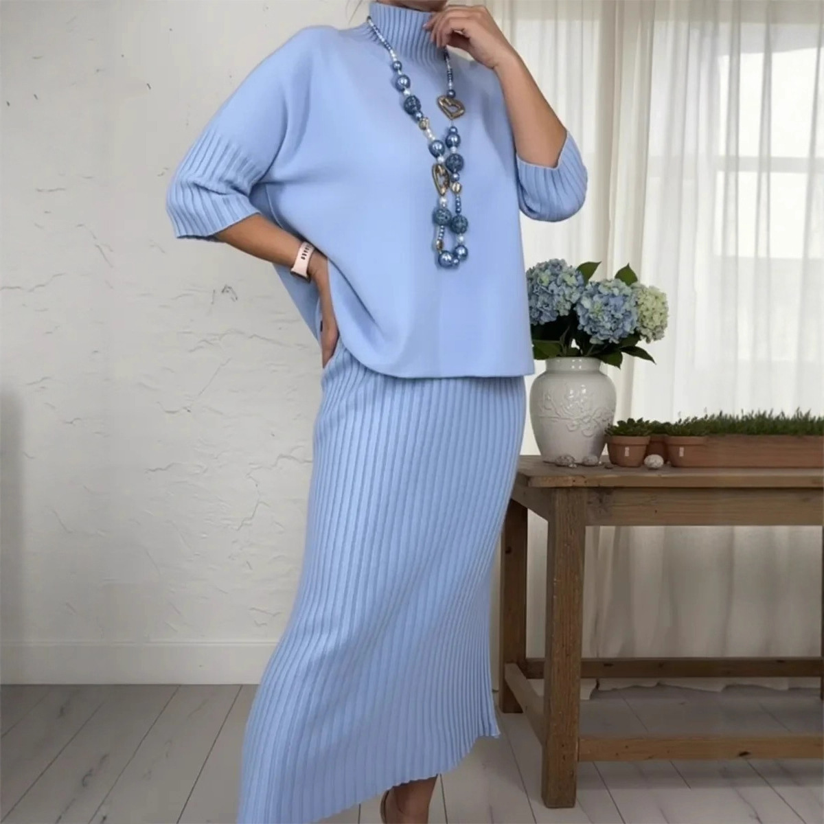 Elegant Knit Sweater and Midi Skirt 2-Piece Set