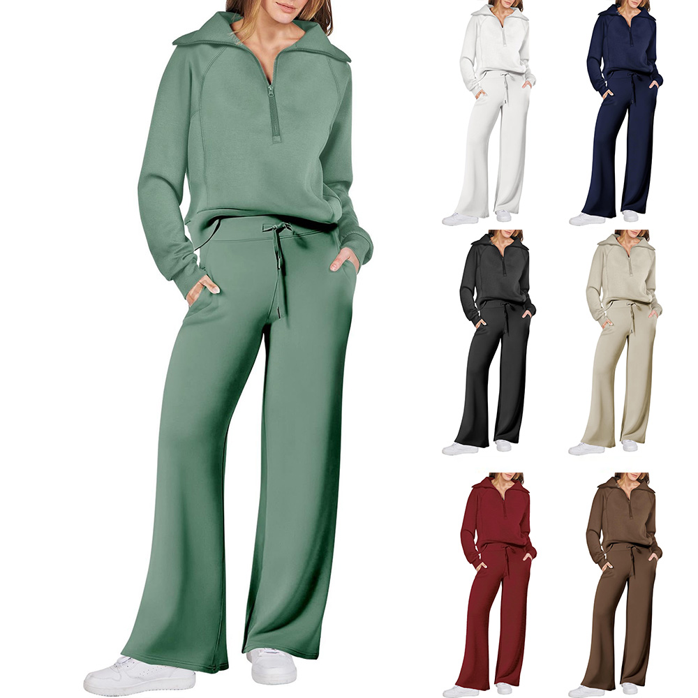 Women's Cotton Two-Piece Oversized Half-Zip Sweatshirt Wide Leg Sweatpants Casual Suit