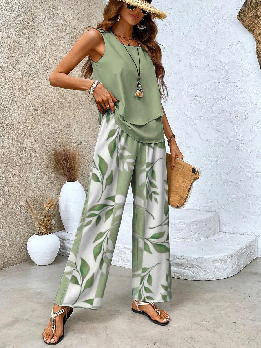 🔥50% OFF🌺Fashionable two-piece women's outfits with printed sleeveless top & pants