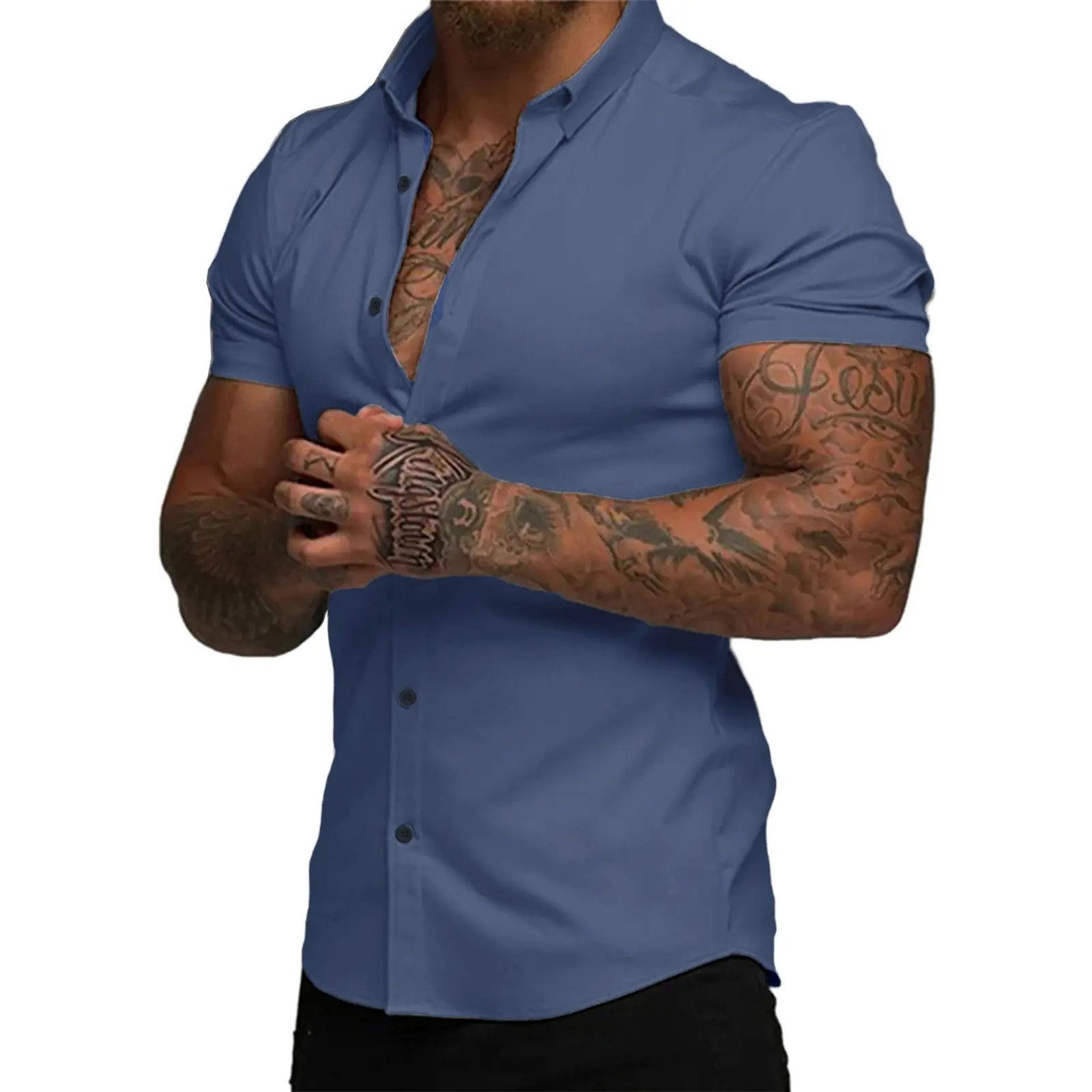 ⚡Hot Sales 49% OFF🔥Mens Muscle Fit Dress Shirts Casual Button Down Shirt Short Sleeve Wrinkle-Free Shirts