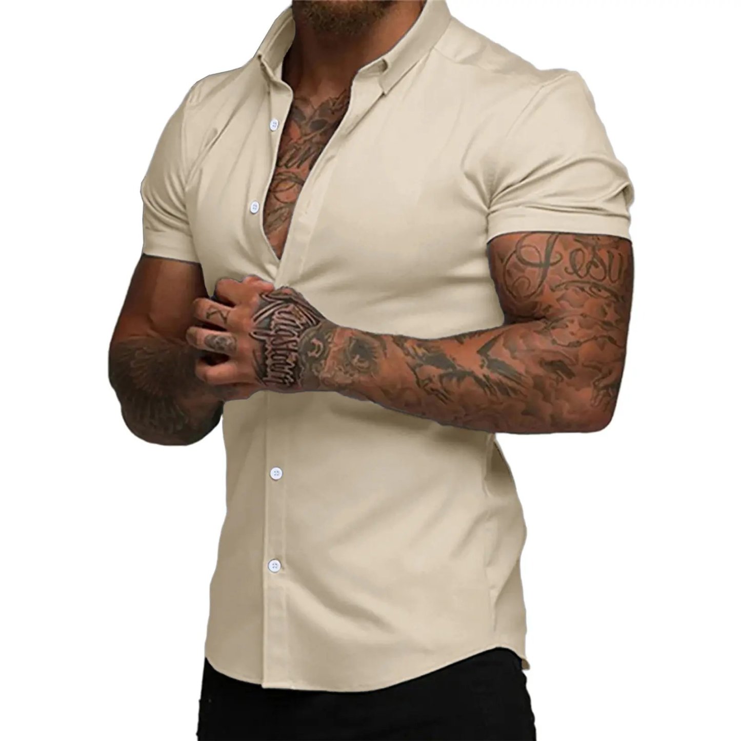 ⚡Hot Sales 49% OFF🔥Mens Muscle Fit Dress Shirts Casual Button Down Shirt Short Sleeve Wrinkle-Free Shirts